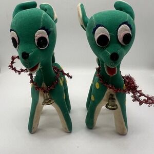 Christmas Pair Pixie Elf Reindeer Pet Green Felt Original Made In Japan Vintage